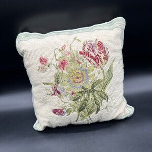 Vintage Floral Needlepoint Throw Pillow Velvet Back Green Cream Pink Decorative